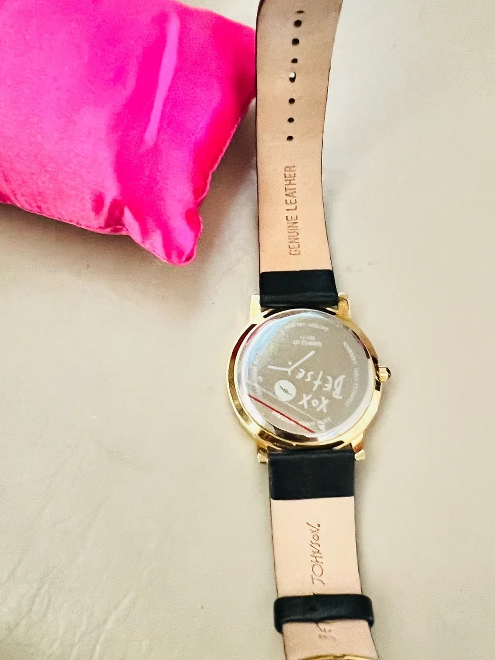 Betsey Johnson Gold Watch with Black Strap and Pink Bow Dial
